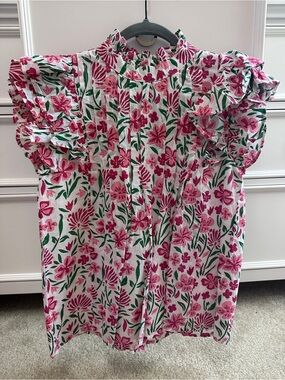 Victoria Dunn Pink & Green Floral Ruffle Neck Jasmine Style Top